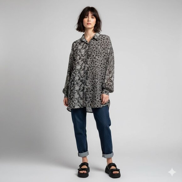 Y2K VINTAGE Express Mixed Pattern Oversized Slouchy Tunic Top | Size Large